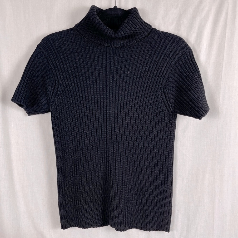 Black Linda Allard Ellen Tracy Silk/Wool Ribbed S/S Turtleneck